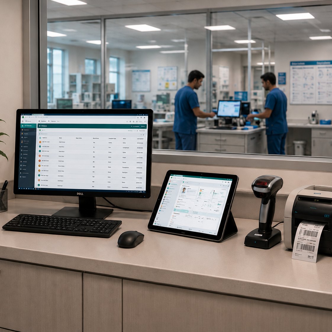 Hospital lab workstation with integrated devices