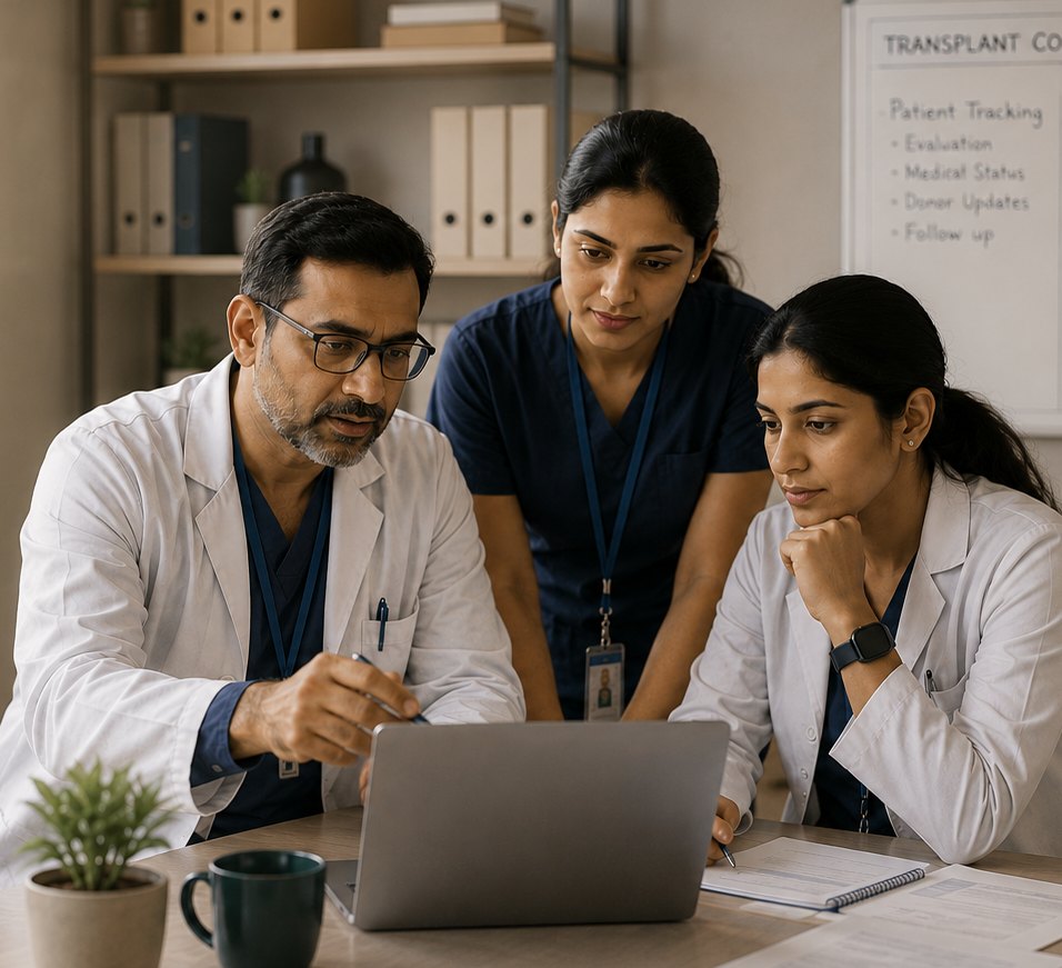 Transplant coordinators reviewing patient tracking